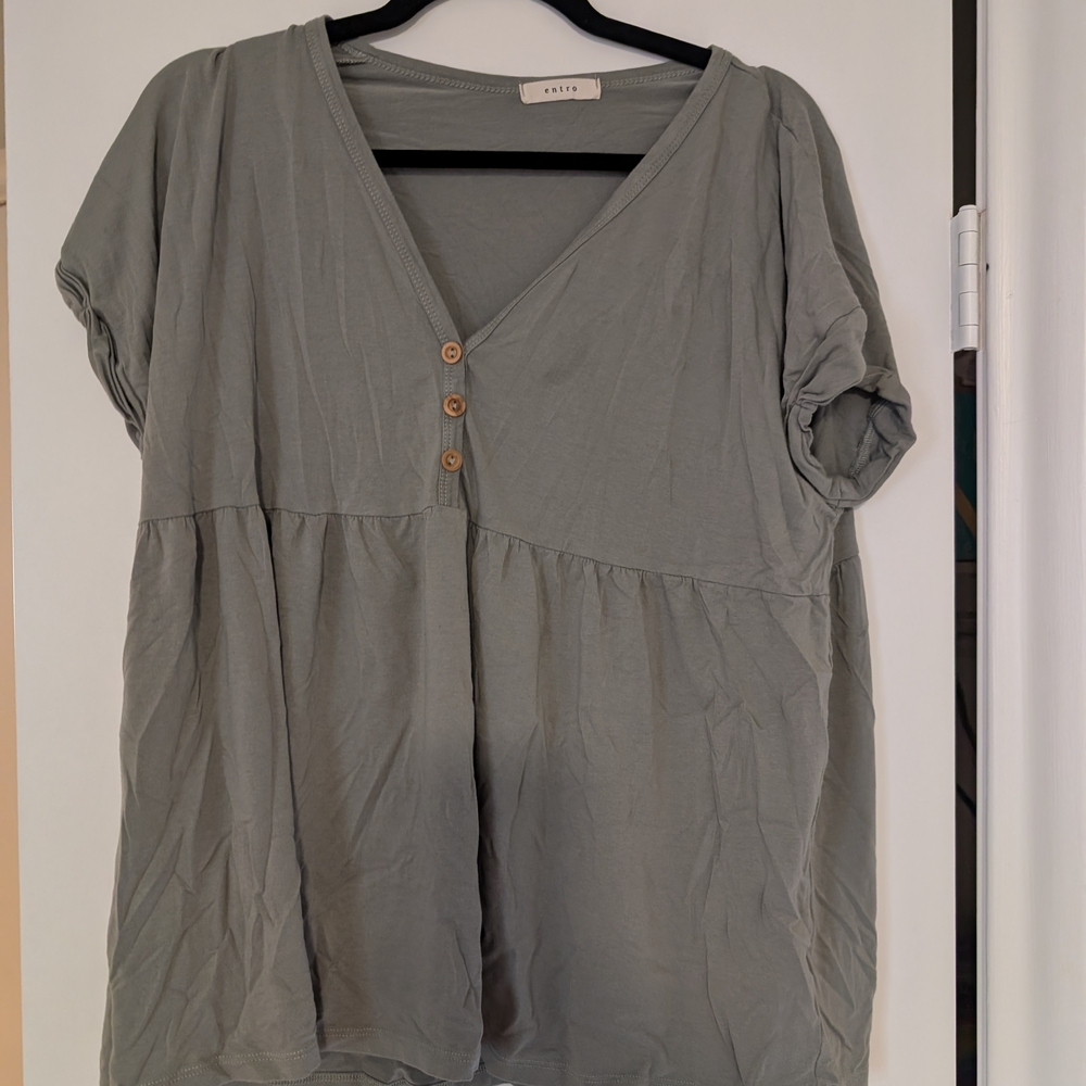 Entro Olive V-Neck Blouse with Button Accents